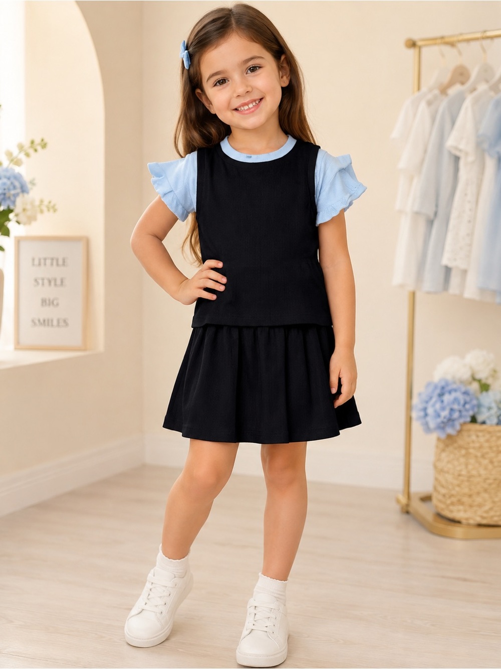 SHEIN Black Layered Dress with Light Blue Ruffle Sleeve Top
